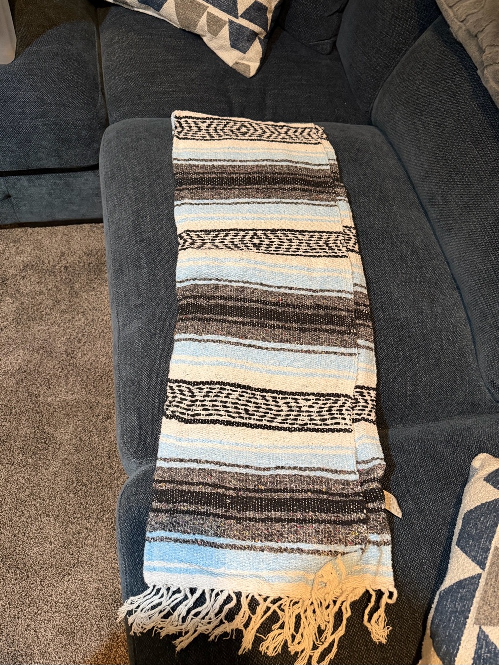 Striped Woven Throw Blanket in Light Blue, Cream & Brown